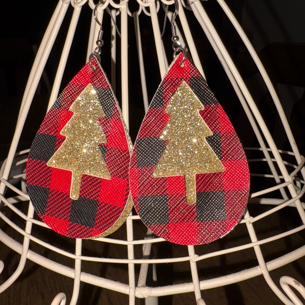 Source Unknown Red and Black Plaid Earrings with Gold Glitter Tree